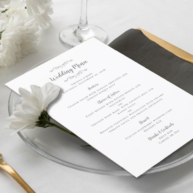 Elegant Wedding Calligraphy Chic Grey White Dinner Menu (Creator Uploaded)