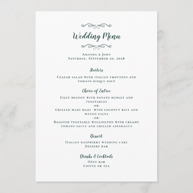 Elegant Wedding Calligraphy Emerald Green Dinner Menu (Front)