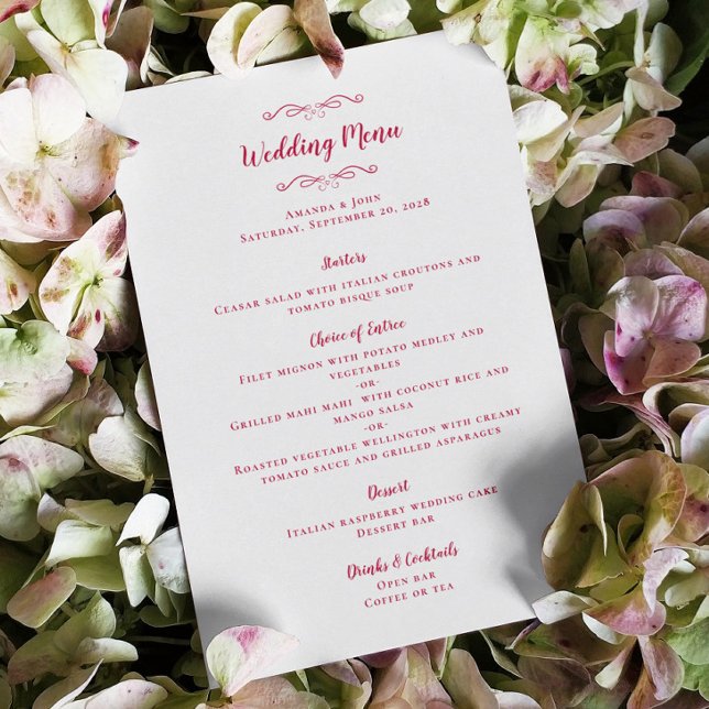 Elegant Wedding Calligraphy Magenta Guest Dinner Menu (Elegant Wedding Calligraphy Magenta Red White Guest Dinner Menu)