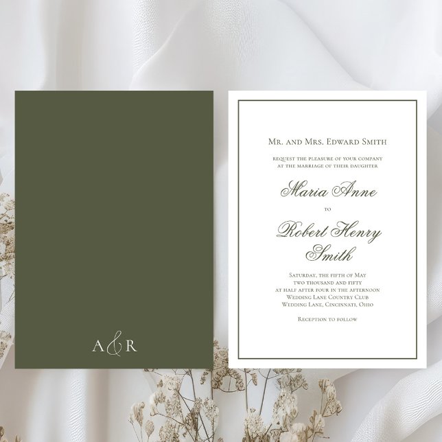 Elegant Wedding Calligraphy Script Green Invitation (Elegant simple green wedding invitations. )