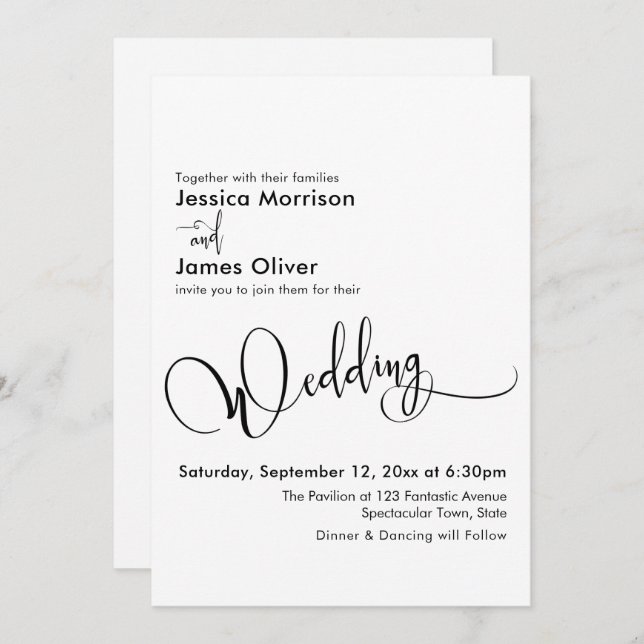 Elegant Wedding Calligraphy, Simple Black White Invitation (Front/Back)