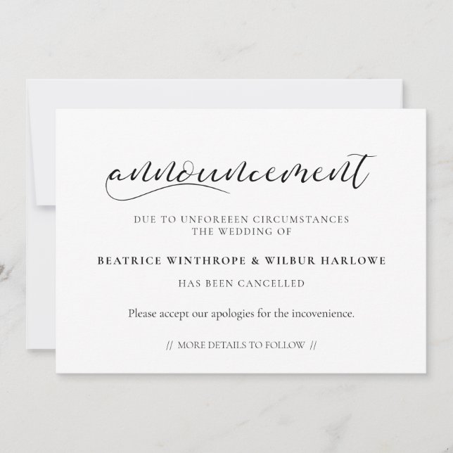 Elegant Wedding cancellation announcement card (Front)