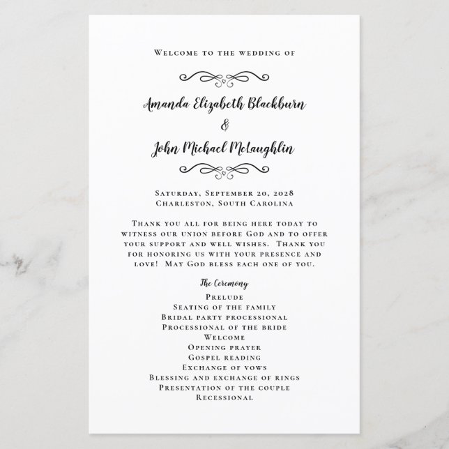 Elegant Wedding Ceremony Black White Guest Program (Front)