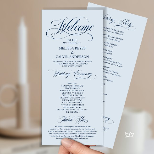 Elegant Wedding Ceremony Order, Classy Navy Blue Programme (Elegant Wedding Ceremony Order, Party, Memorial, Classy Program Card in Navy Misty Blue)