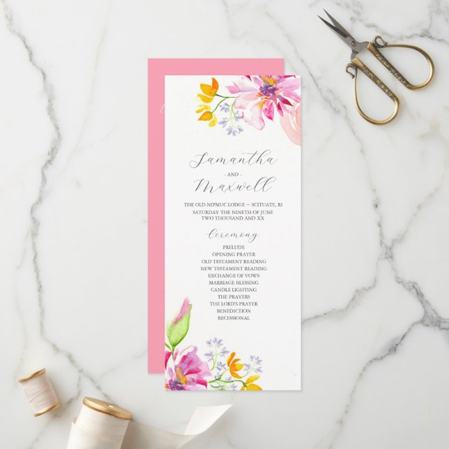 Elegant Wedding Ceremony Programs Pink Florals Programme (Front/Back In Situ)