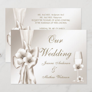 Elegant Wedding Champagne Floral Cream Bow Invitation