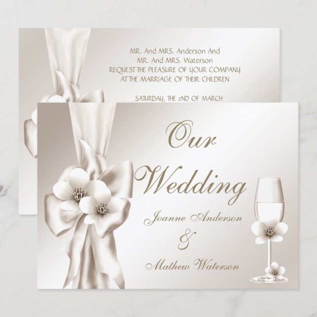 Elegant Wedding Champagne Floral Cream Bow Invitation (Front/Back)