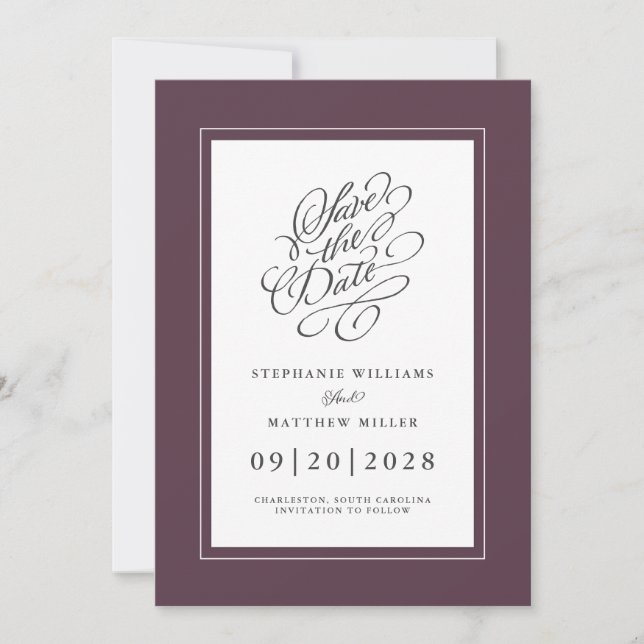Elegant Wedding Chic Trendy Script Moody Purple Save The Date (Front)