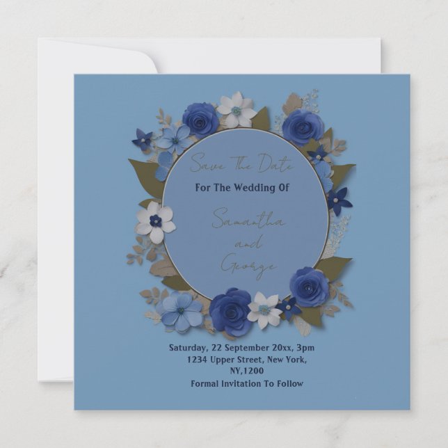 Elegant Wedding Circle Flowers Silver Navy Save The Date (Front)