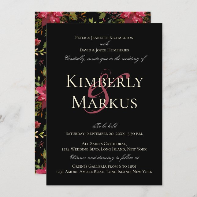 Elegant Wedding Claret Red Poinsettia Monogram Invitation (Front/Back)