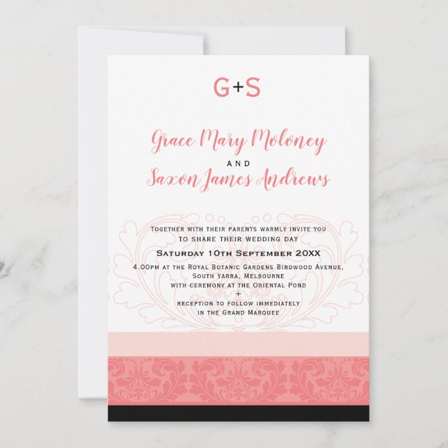 ELEGANT WEDDING coral flourished details monogram Invitation (Front)