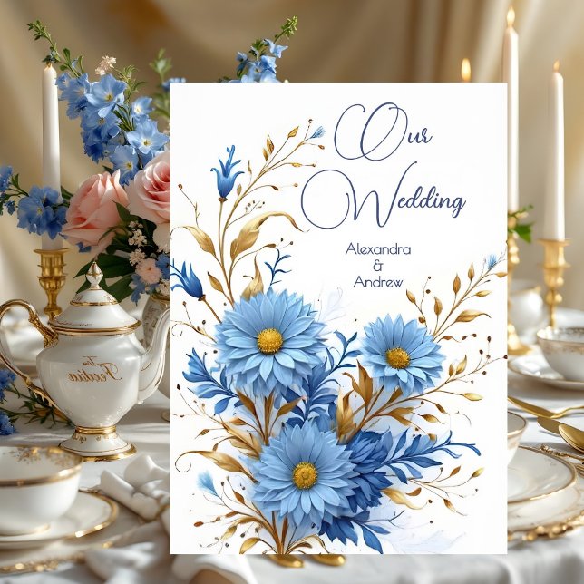 Elegant Wedding Cornflower Blue Gold Florals Invitation (Creator Uploaded)