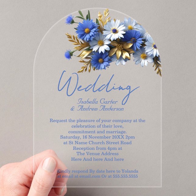 Elegant Wedding Cornflower Blue White Gold Acrylic Invitations (Creator Uploaded)