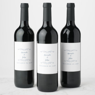 Elegant Wedding Couple Calligraphy Dusty Blue Chic Wine Label
