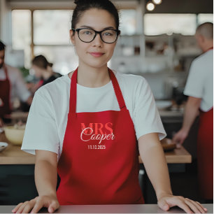 Elegant Wedding Couple Name Red Ivory Color Apron
