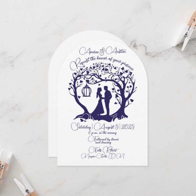 Elegant Wedding Couple Tree Framed Navy Invitation (Front/Back In Situ)