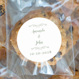 Elegant Wedding Couples Names Sage Green White Classic Round Sticker