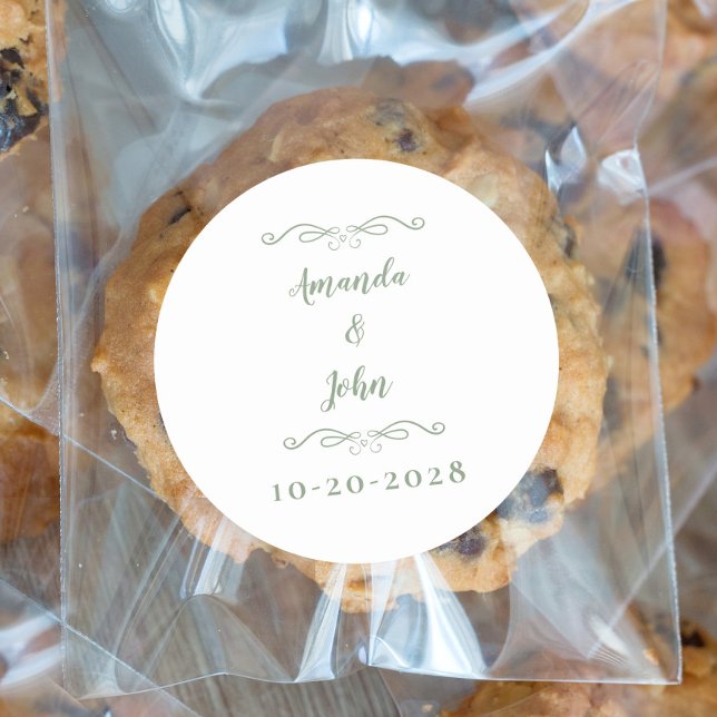 Elegant Wedding Couples Names Sage Green White Classic Round Sticker (Creator Uploaded)