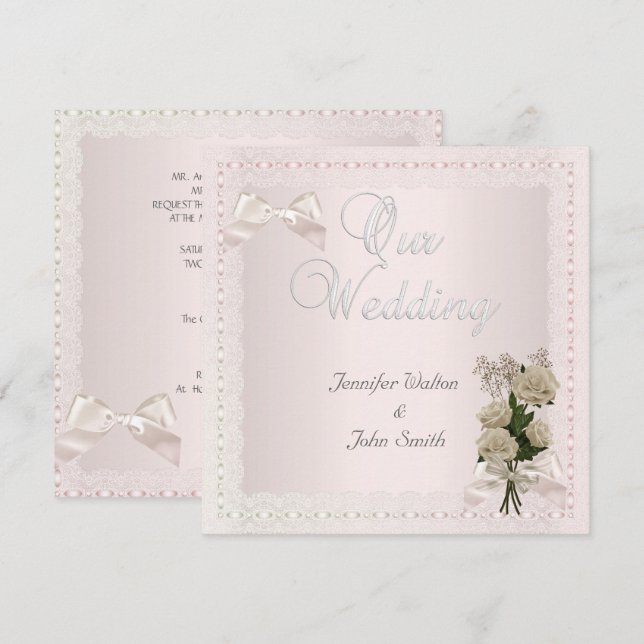 Elegant Wedding Cream Pink Lace Bow Rose Invitation (Front/Back)