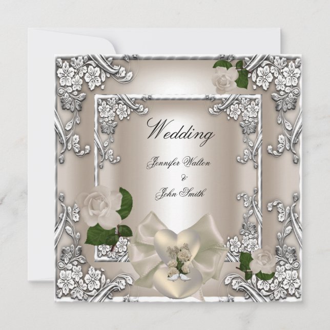 Elegant Wedding Cream Rose Silver Invitation (Front)