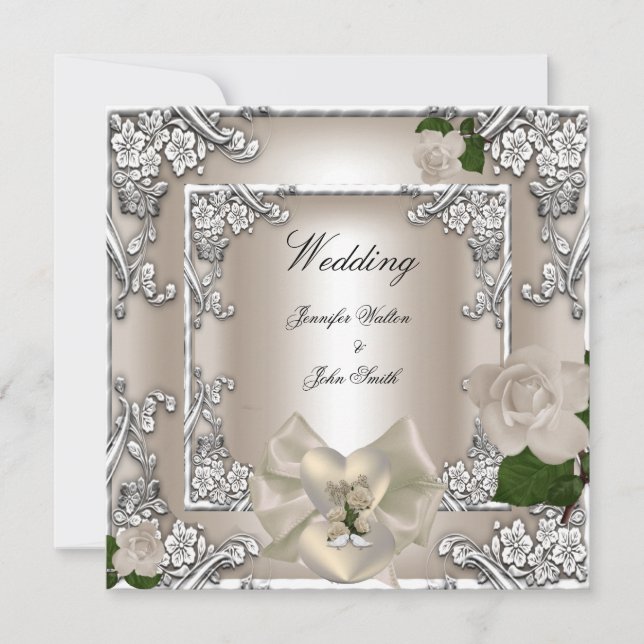 Elegant Wedding Cream Rose Silver White Invitation (Front)