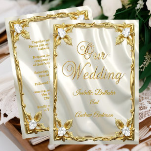 Elegant Wedding Cream White Faux Silk Gold Diamond Invitation