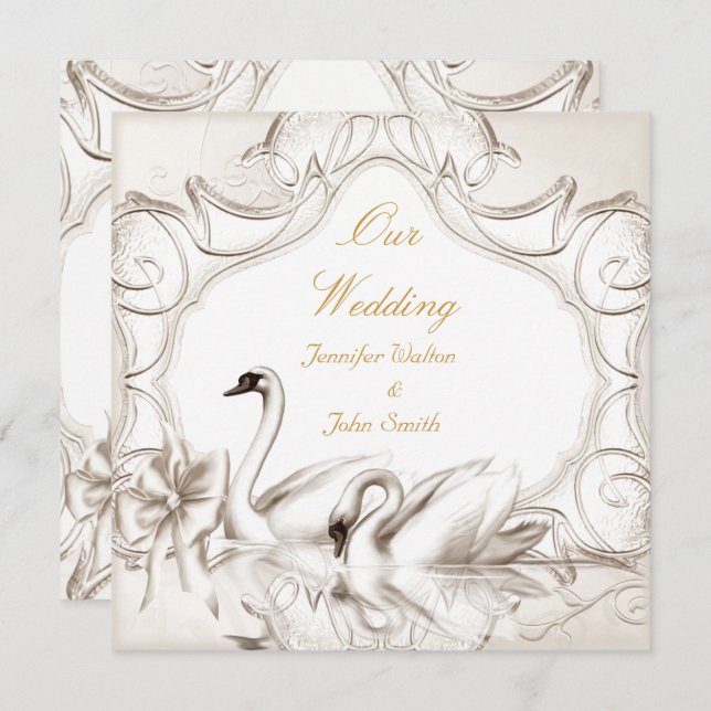 Elegant Wedding Cream White Swans Bow Invitation (Front/Back)