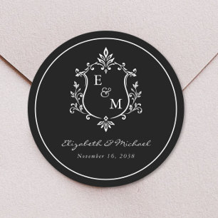 Elegant Wedding Crest Monogram Black Classic Round Sticker