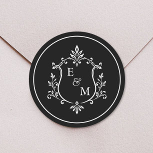 Elegant Wedding Crest Monogram Black Classic Round Sticker