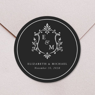 Elegant Wedding Crest Monogram Black Classic Round Sticker