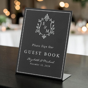 Elegant Wedding Crest Monogram Black Guest Book Pedestal Sign