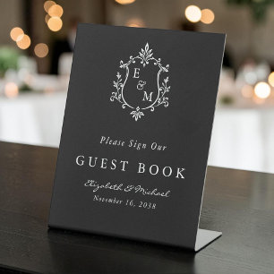 Elegant Wedding Crest Monogram Black Guest Book Pedestal Sign