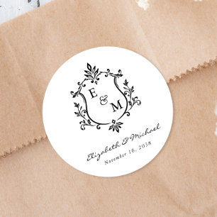 Elegant Wedding Crest Monogram Classic Round Sticker
