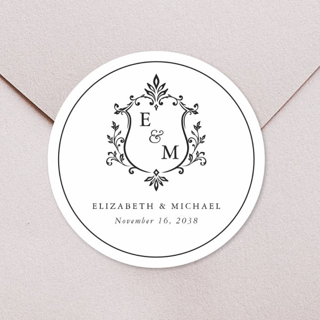 Elegant Wedding Crest Monogram Classic Round Sticker (Elegant Wedding Crest Monogram Classic Round Sticker)