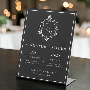 Elegant Wedding Crest Monogram Signature Drinks Pedestal Sign