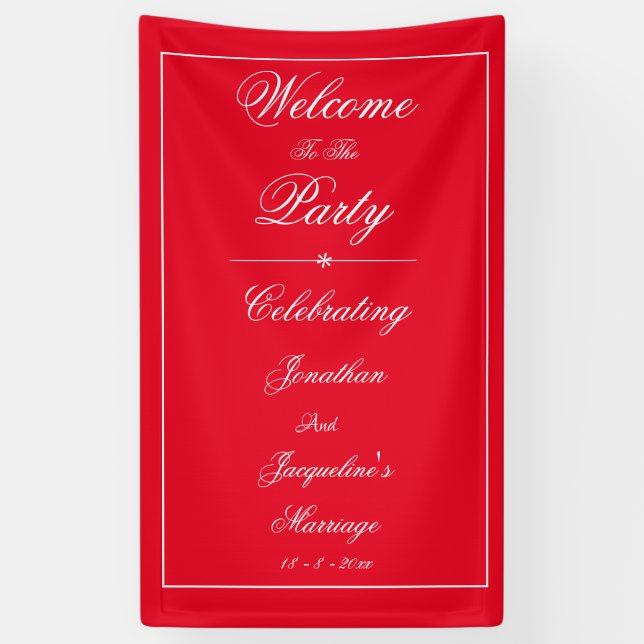 Elegant Wedding Custom Names Chic Red Welcome Banner (Vertical)