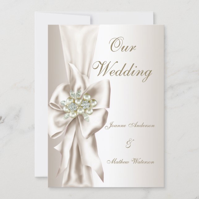 Elegant Wedding Damask Pearl Cream White Bow 2 Invitation (Front)