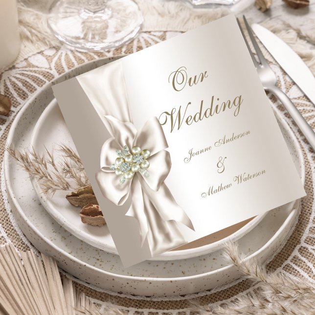 Elegant Wedding Damask Pearl Cream White Bow Invitation (Creator Uploaded)