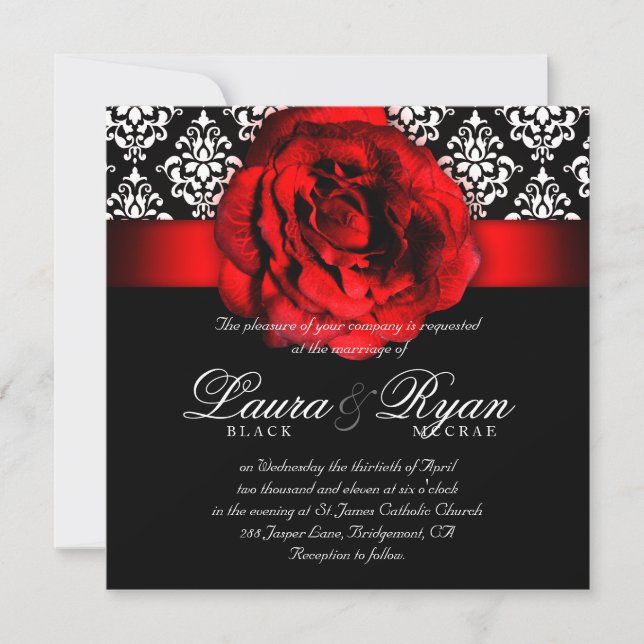 Elegant Wedding Damask Red Rose Christmas Invitation (Front)