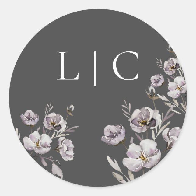 Elegant wedding dark grey watercolor flower classic round sticker (Front)