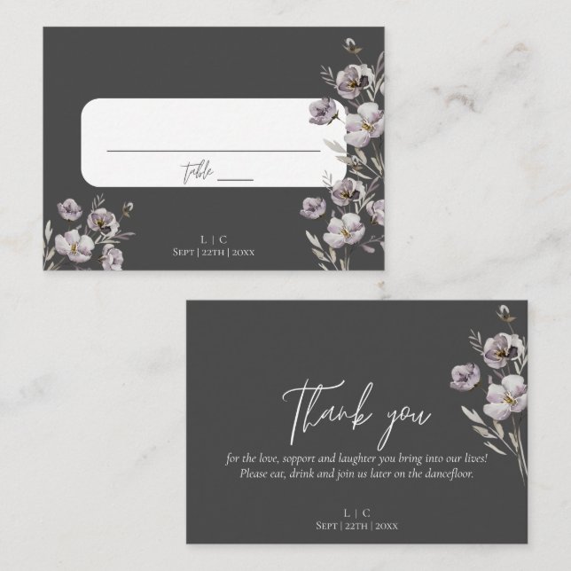 Elegant wedding dark grey watercolor thank you place card (Front/Back)