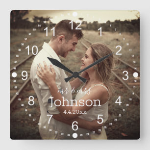 elegant wedding day photo square wall clock