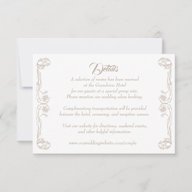 Elegant Wedding Details Card – Green Rose Filigree (Front)