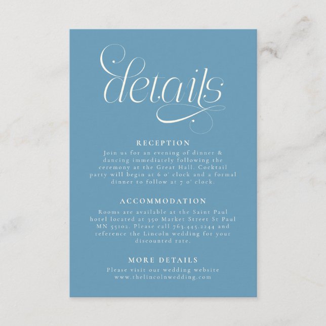 Elegant Wedding Details Denim Blue Enclosure Card (Front)