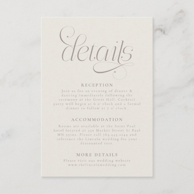 Elegant Wedding Details Greige Enclosure Card (Front)