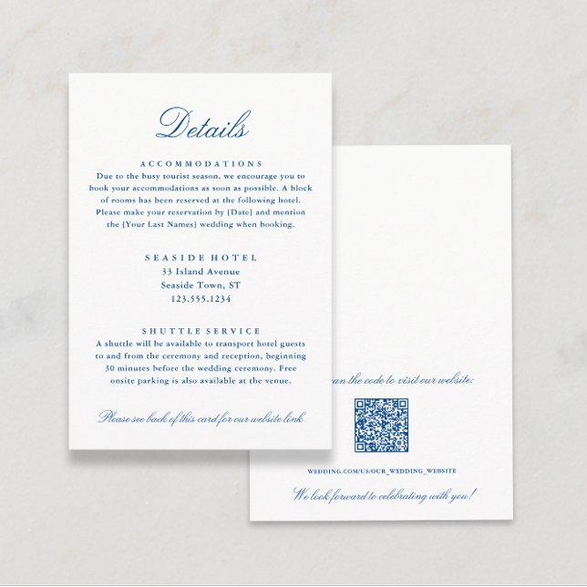 Elegant Wedding Details Hotel Info QR code Enclosure Card (Elegant Navy Blue Wedding Details Hotel Info QR code Enclosure Card from Coastal Map Designs)