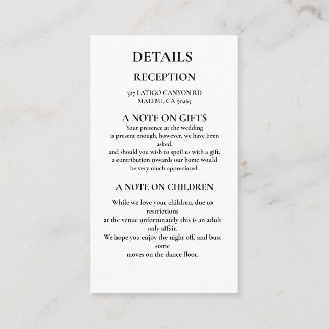 Elegant Wedding Details Insert Card (Front)