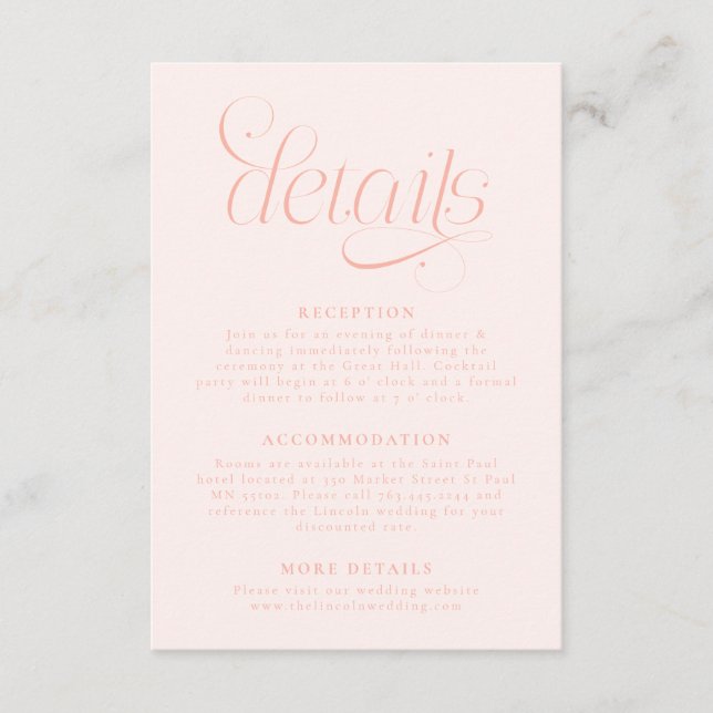 Elegant Wedding Details Peach Enclosure Card (Front)