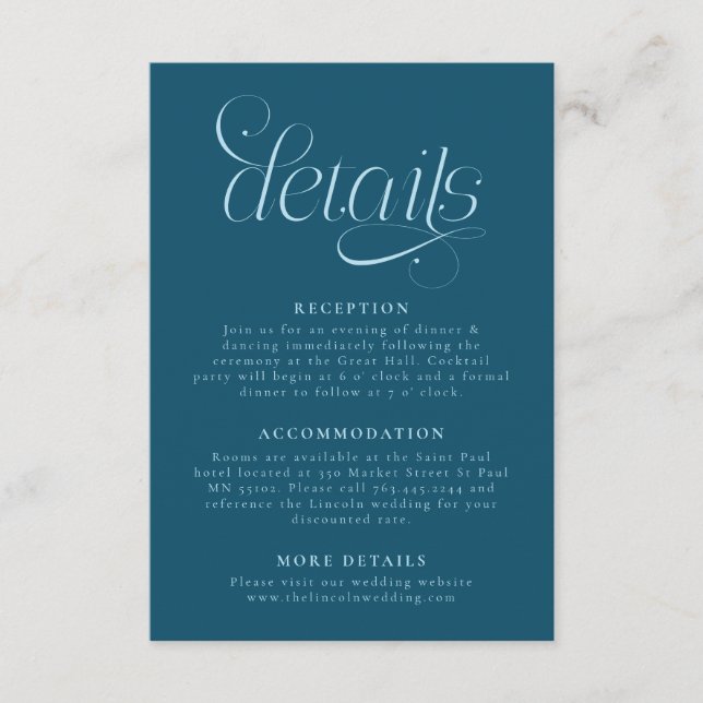 Elegant Wedding Details Teal Enclosure Card (Front)
