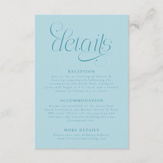 Elegant Wedding Details Turquoise Enclosure Card (Front)